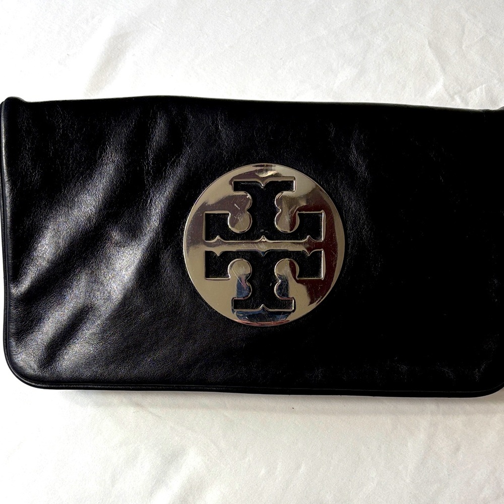 Tory Burch Black Reva Clutch with Silver Emblem